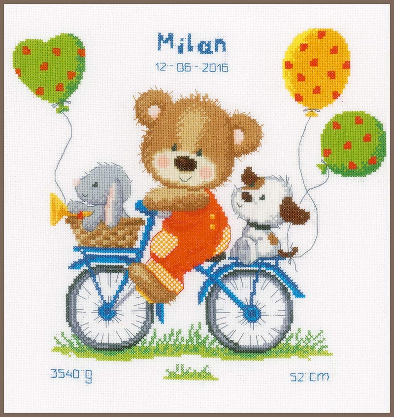 Vervaco Counted Cross Stitch Kit: Birth Record: Cycling Bear, 27 x 29cm, N - Image 1